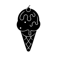 Ice cream cone with cherry on top dripping swirls on a dessert