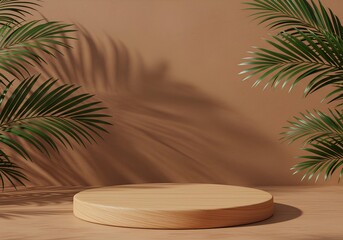 Obraz premium Wooden platform with palm leaves and shadows on a brown background product display concept podium