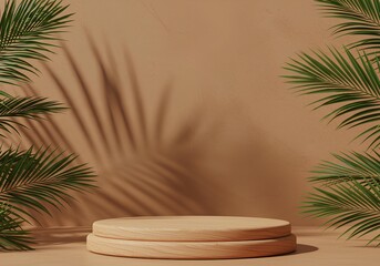 Fototapeta premium Wooden platform with palm leaves and shadows on a brown textured background podium stage