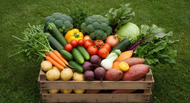 Wooden crate overflowing with fresh vegetables including broccoli tomatoes carrots potatoes and - Powered by Adobe