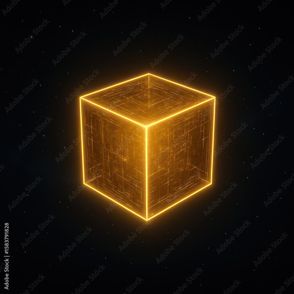 Poster a glowing digital cube floating in the vast expanse of the cosmos. the image radiates an aura of fut