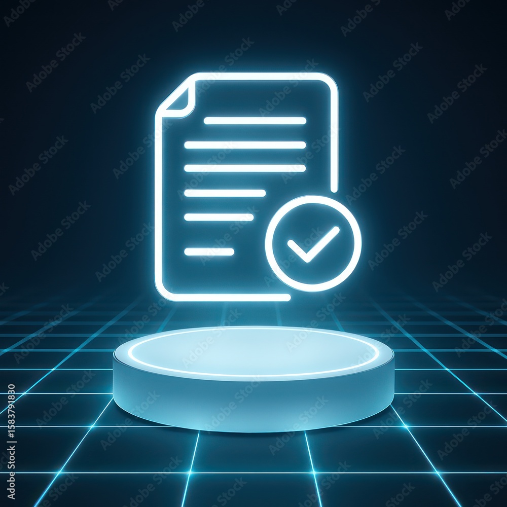 Poster a luminous illustration of a digital document with a checkmark, symbolizing concept of completion an