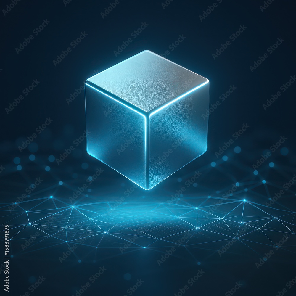 Poster a futuristic digital illustration featuring a gleaming, ethereal cube hovering amidst a constellatio