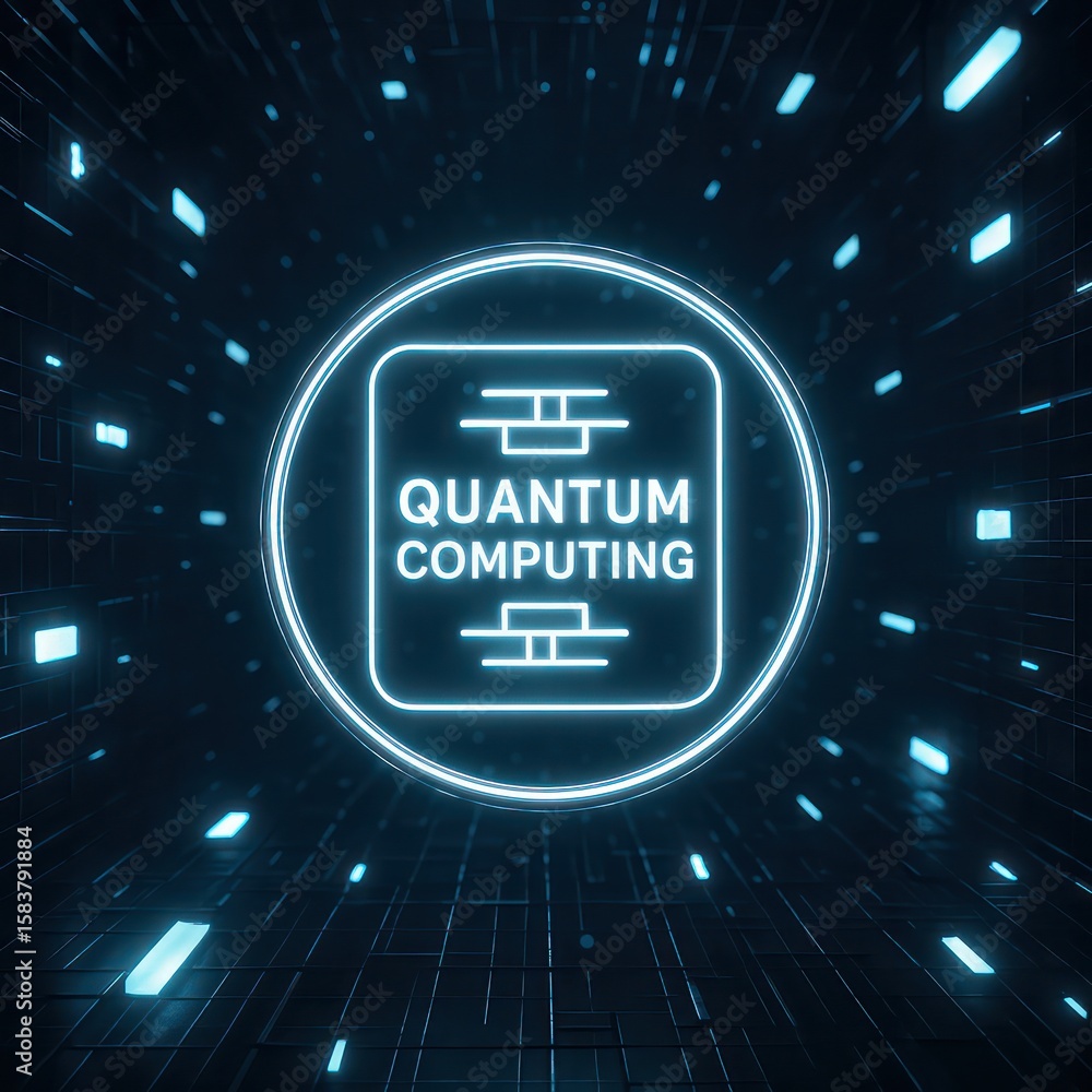 Poster a futuristic view of quantum computing icon and related data, representing digital innovation and cu