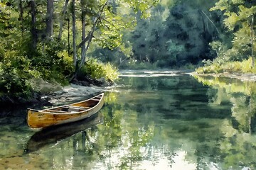 Obraz premium Quiet River Landscape: A serene image of a canoe floating on a calm river surrounded by trees, depicting a tranquil nature scene and inviting viewers to escape into the beauty of the landscape.