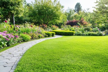 Fototapeta premium Serene backyard garden with curving grass path lined with stones, blooming seasonal flower beds, manicured hedges, ornamental shrubs, and morning sunlight, tranquil landscape, copyspace