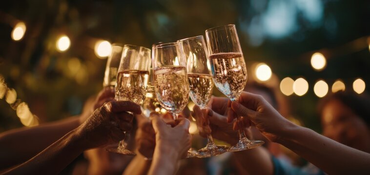 The joyous toast with sparkling glasses at an outdoor celebration.
