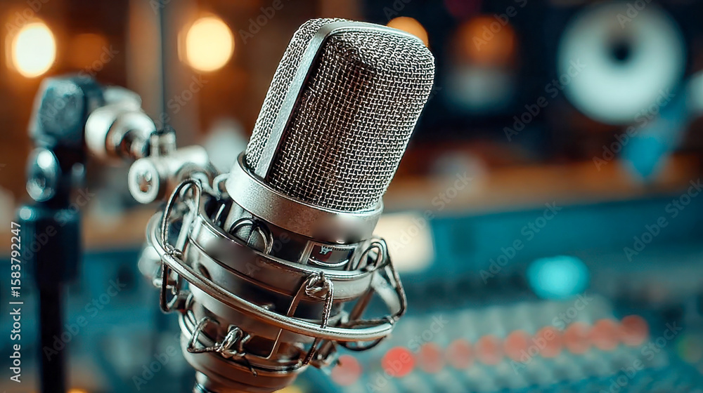Wall mural macro shot of a professional studio microphone with detailed mesh and background bokeh, ideal for au