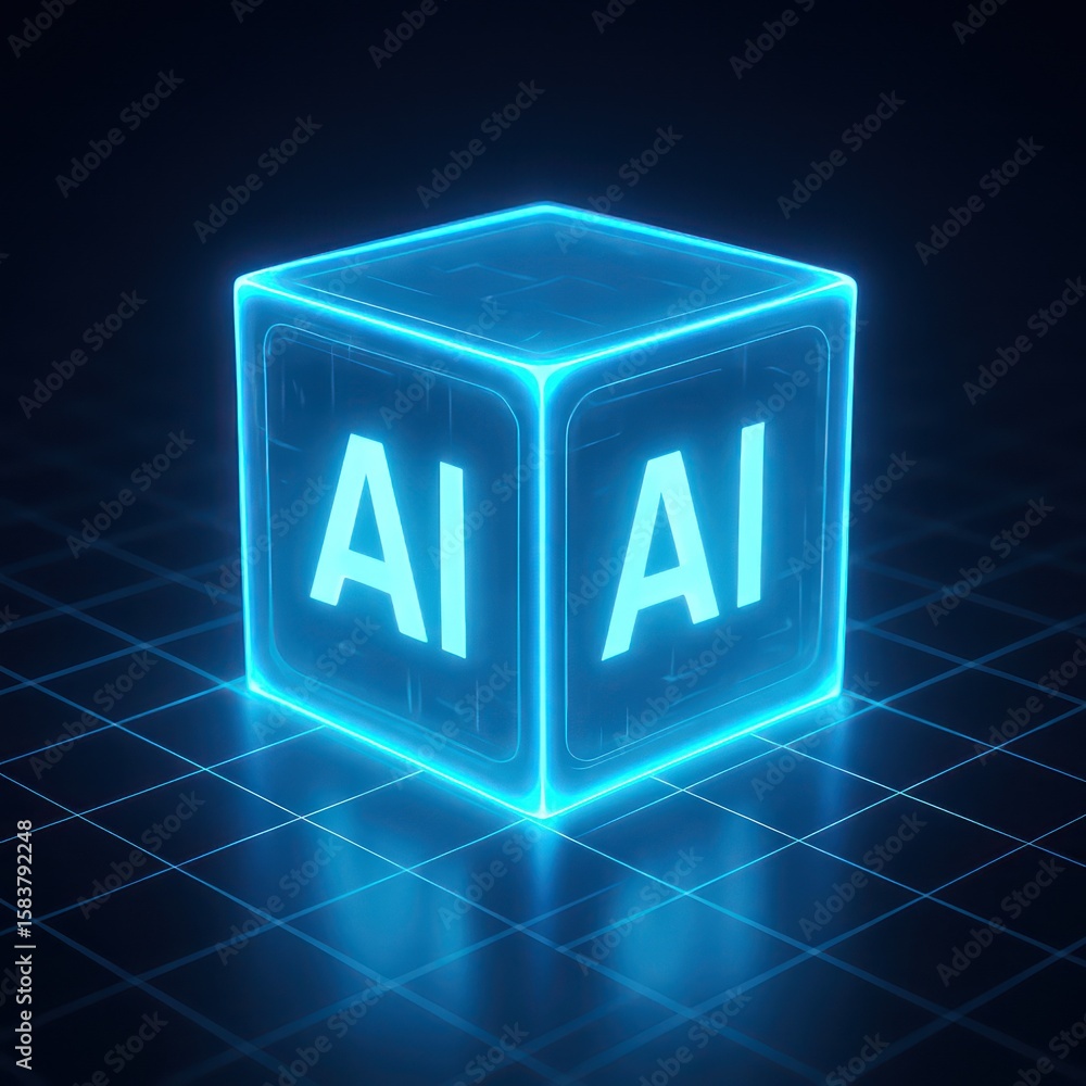 Poster an abstract visual representation of artificial intelligence, ai cube glows brightly, showcasing fut