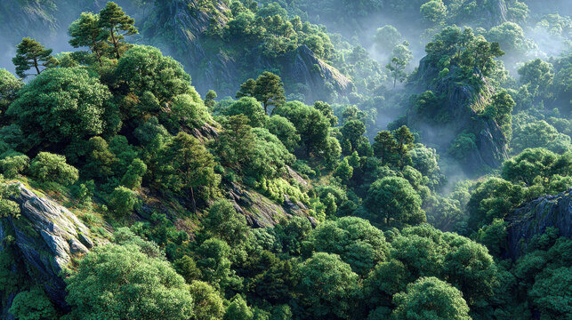 Lush green treetops and rocky cliffs bathed in soft sunlight and mist, depicting a serene mountainous forest landscape from an aerial perspective