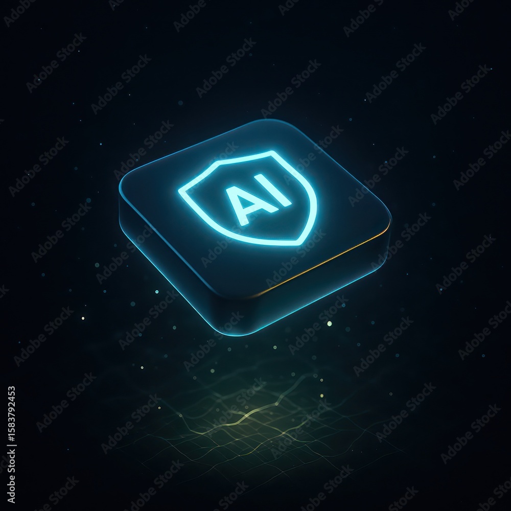 Poster an illuminating neon representation of ai security shield against a mysterious dark backdrop. a symb