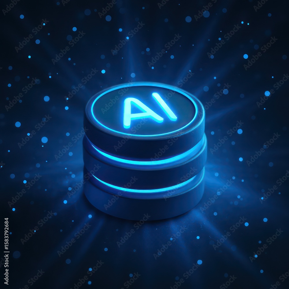 Aufkleber futuristic data storage: a luminous, ai-powered data storage unit, glows with an advanced blue light