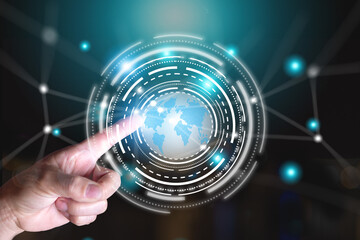 Finger touching a digital globe interface with a global network connection, Global business connection, digital transformation and innovation concept, Touching the Future, Global Network.