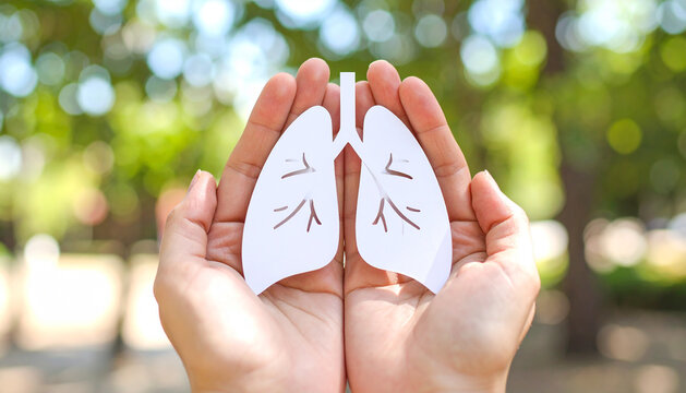 A pair of hands presenting a white ribbon with a lungs symbol, symbolizing unity and support for those affected by lung cancer. Ideal for awareness campaigns and health care illustrations.