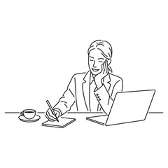 Smiling Woman Writing at Desk with Laptop and Coffee Cup