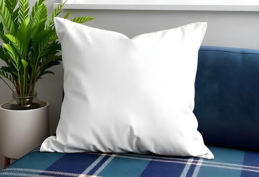 Clean White Linen Pillow Cushion Mockup Placed on a Soft Plaid Blanket, Ideal for Home Decor and Interior Design Branding
