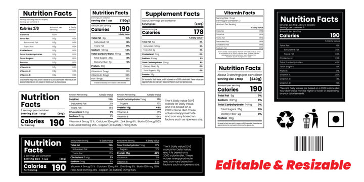Nutrition label,nutrition facts,Supplement facts and vitamin facts template, nutrition facts template