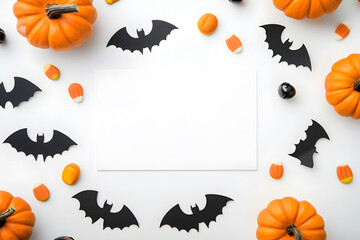 Halloween mockup with a blank greeting card, pumpkins, bats, and candy on white background.