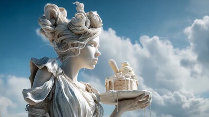 Marble figure lifts ornate statue cake toward bright clouds, sunlight crowns statue cake layers as pigeons circle curious statue cake tribute. Concept playful classicism