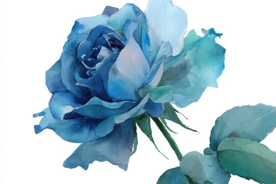 Elegant watercolor blue rose illustration showcasing intricate details of petals and leaves with soft hues creating a serene focal point for floral enthusiasts and art lovers alike