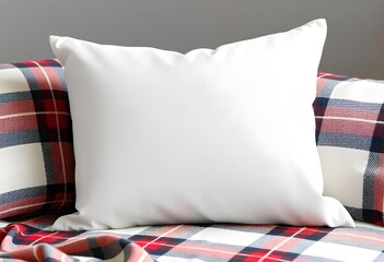 Clean White Linen Pillow Cushion Mockup Placed on a Soft Plaid Blanket, Ideal for Home Decor and Interior Design Branding