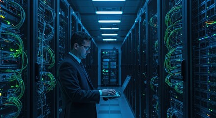 Focused businessman in suit works on laptop amidst glowing server racks in a modern data center
