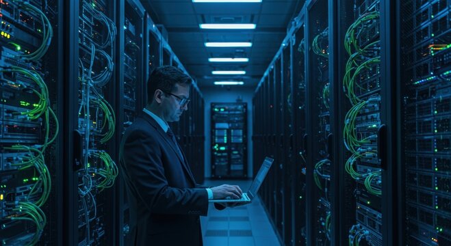 Focused businessman in suit works on laptop amidst glowing server racks in a modern data center