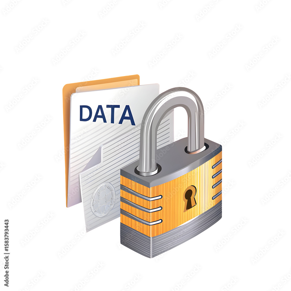 Poster padlock securing documents with the word d a t a and a globe icon on a transparent background isolat