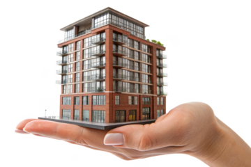 Detailed architectural model of a modern brick apartment building held in a human hand isolated on transparent background