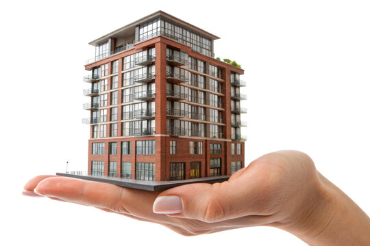 Detailed architectural model of a modern brick apartment building held in a human hand isolated on transparent background