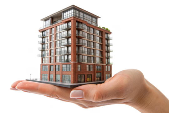 Detailed architectural model of a modern brick apartment building held in a human hand isolated on transparent background