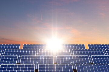 Sun Above the Solar Farm 3d rendering. Eco environment concept.
