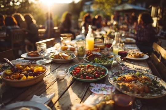 Gathering of friends enjoying a shared meal outdoors at sunset with a variety of colorful dishes on the table