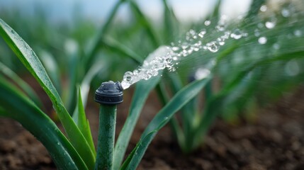 A smart farm using recycled water for irrigation, promoting efficient resource use. Water conservation, agriculture. Green, innovative.