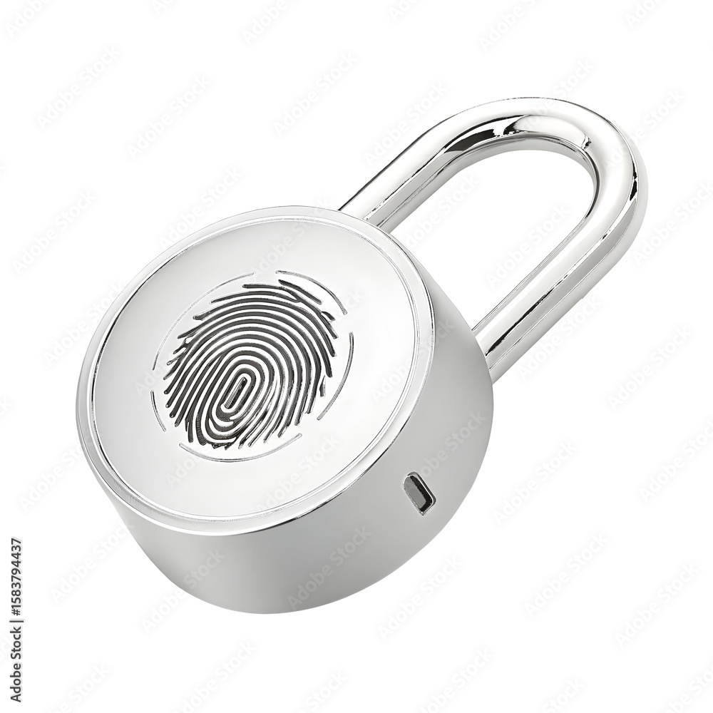 Poster silver padlock with fingerprint scanner and u s b port isolated on a transparent background