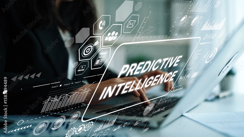 Aufkleber business professional typing on laptop with digital predictive intelligence overlay in modern worksp
