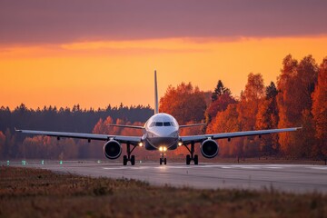 Commercial airplane prepares for takeoff on runway amid vibrant sunset colors and autumn foliage in the background