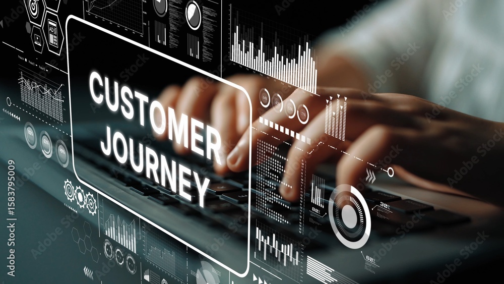 Poster hands on keyboard analyzing digital data and graphics for customer journey insights and strategies i