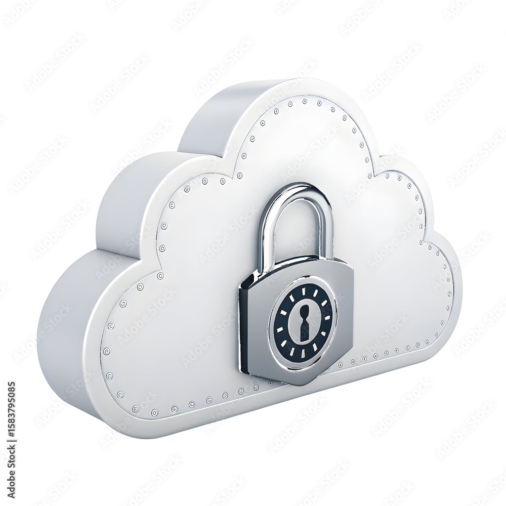 Poster white cloud with silver padlock icon representing secure cloud storage isolated on a transparent bac