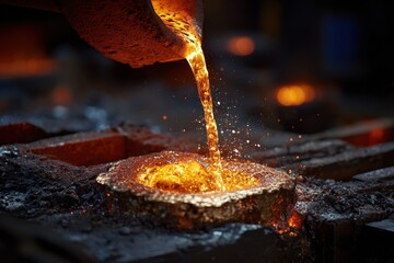 Molten metal poured into a mold in a workshop during metalworking process capturing the intricacies of craftsmanship and heat resistance