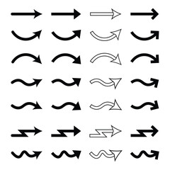 Creative Set of Various Arrow Icons Curved, Wavy, Zigzag and Bold Arrows Vector Style. Vector illustration of grunge arrows.