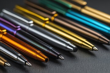 Fototapeta premium Colorful metallic pens arranged neatly on a dark surface for artistic inspiration and creative expression