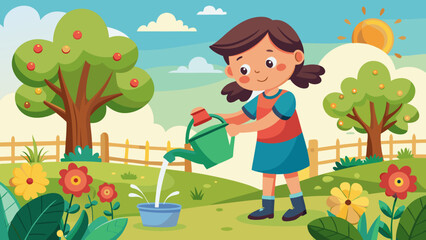 Cartoon girl with pigtails watering plants in a sunny garden surrounded by flowers and trees