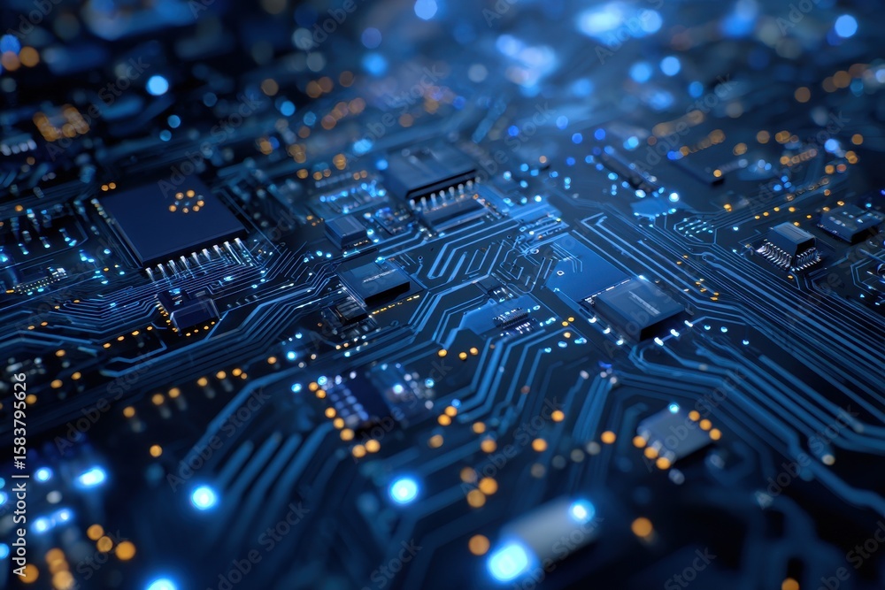 Poster abstract high tech circuit board design showcasing intricate pathways and components with glowing li