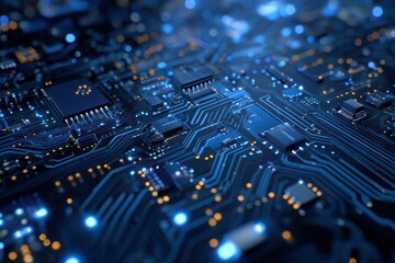 Abstract high tech circuit board design showcasing intricate pathways and components with glowing lights and a futuristic feel