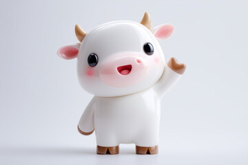Cute 3D cartoon cow character with big eyes, pink snout, and waving gesture, standing on a soft neutral background, ideal for children's content, mascot design, or educational materials.