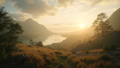 Sunset over Scottish lake and mountains, ideal for travel brochures, website banners, nature magazines, outdoor themed designs, and inspirational content.