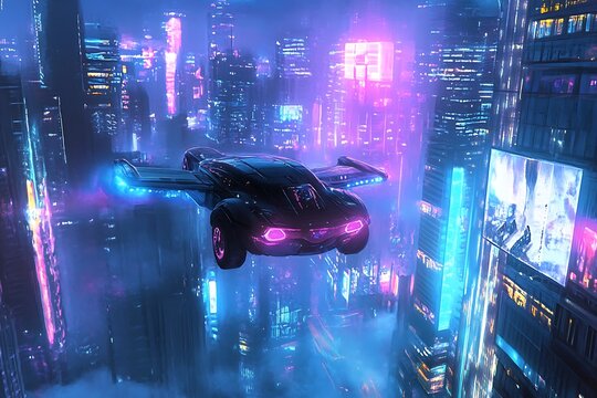 Futuristic flying car navigates a neon lit cyberpunk city at night