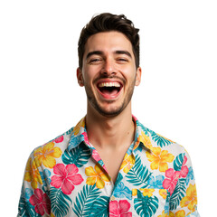 A young man in a Hawaiian shirt is isolated on a transparent background PNG.