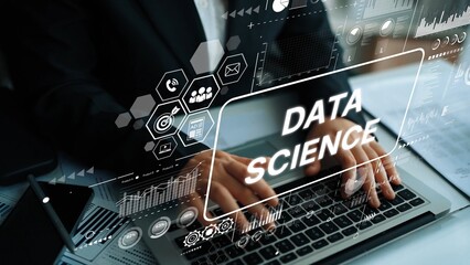 Professional Data Science Concept with Innovative Digital Graphics Displayed on Laptop Keyboard and...